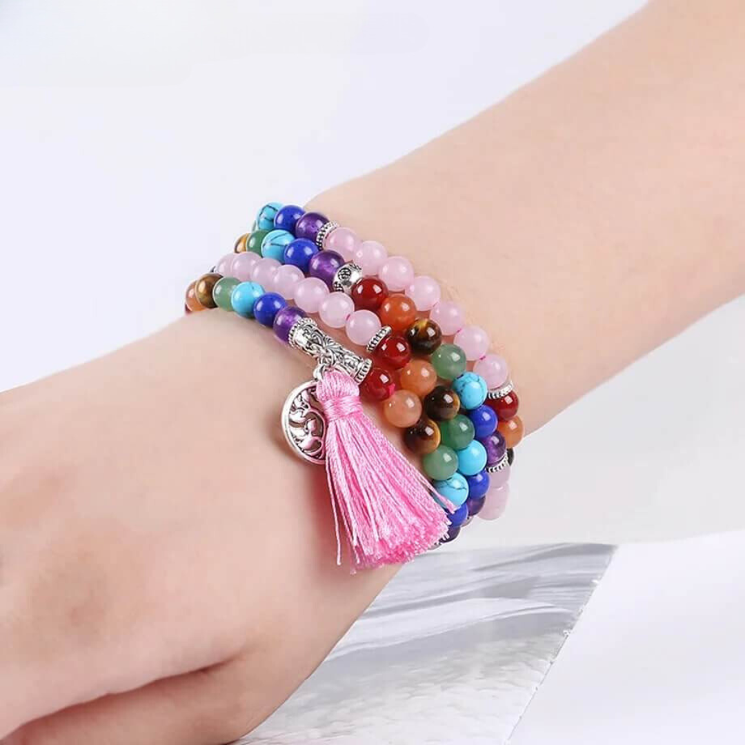 Japamala 108 Contas Quartzo Rosa e 7 Chakras