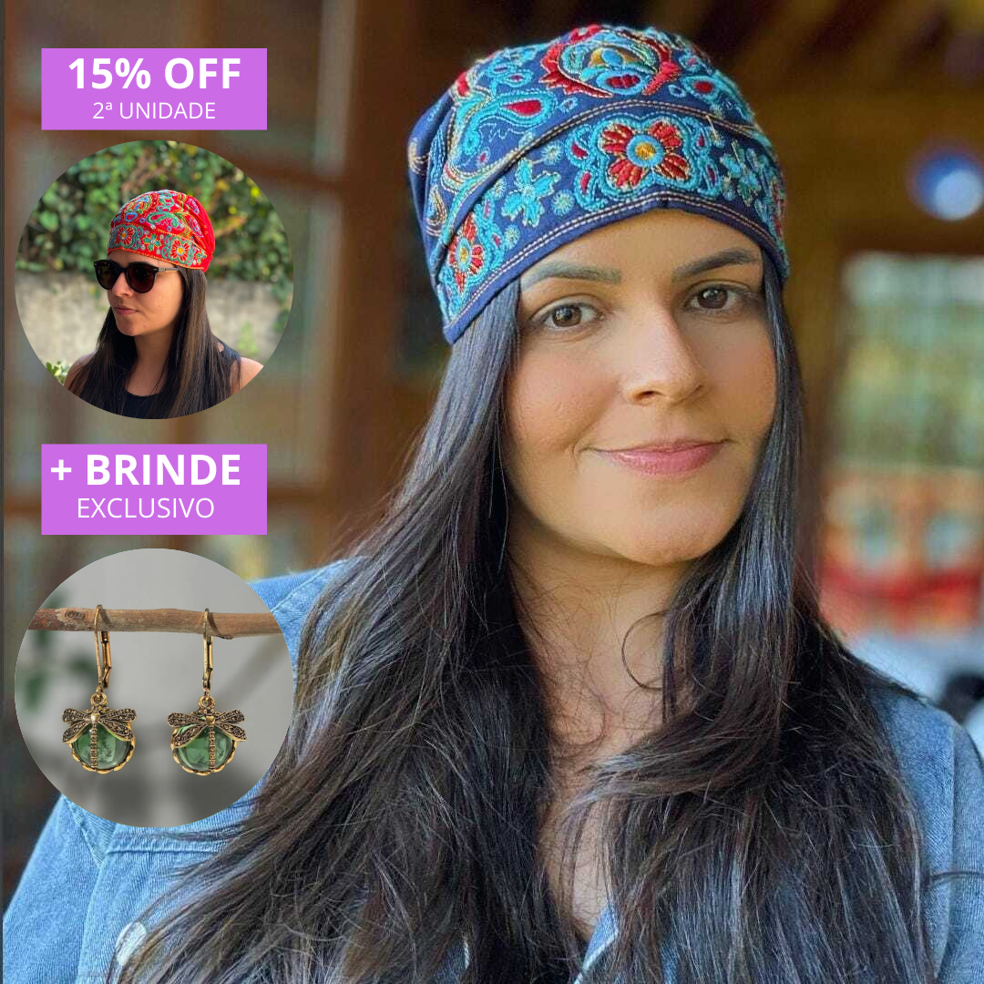 2 Gorros Femininos Floral Vintage e Ganhe 15% na Segunda Unidade + Brinco Libélula de Brinde