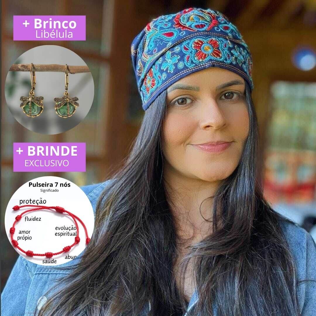 Gorro Feminino Floral Vintage +Brinco Libélula + Pulseira 7 Nós de Brinde