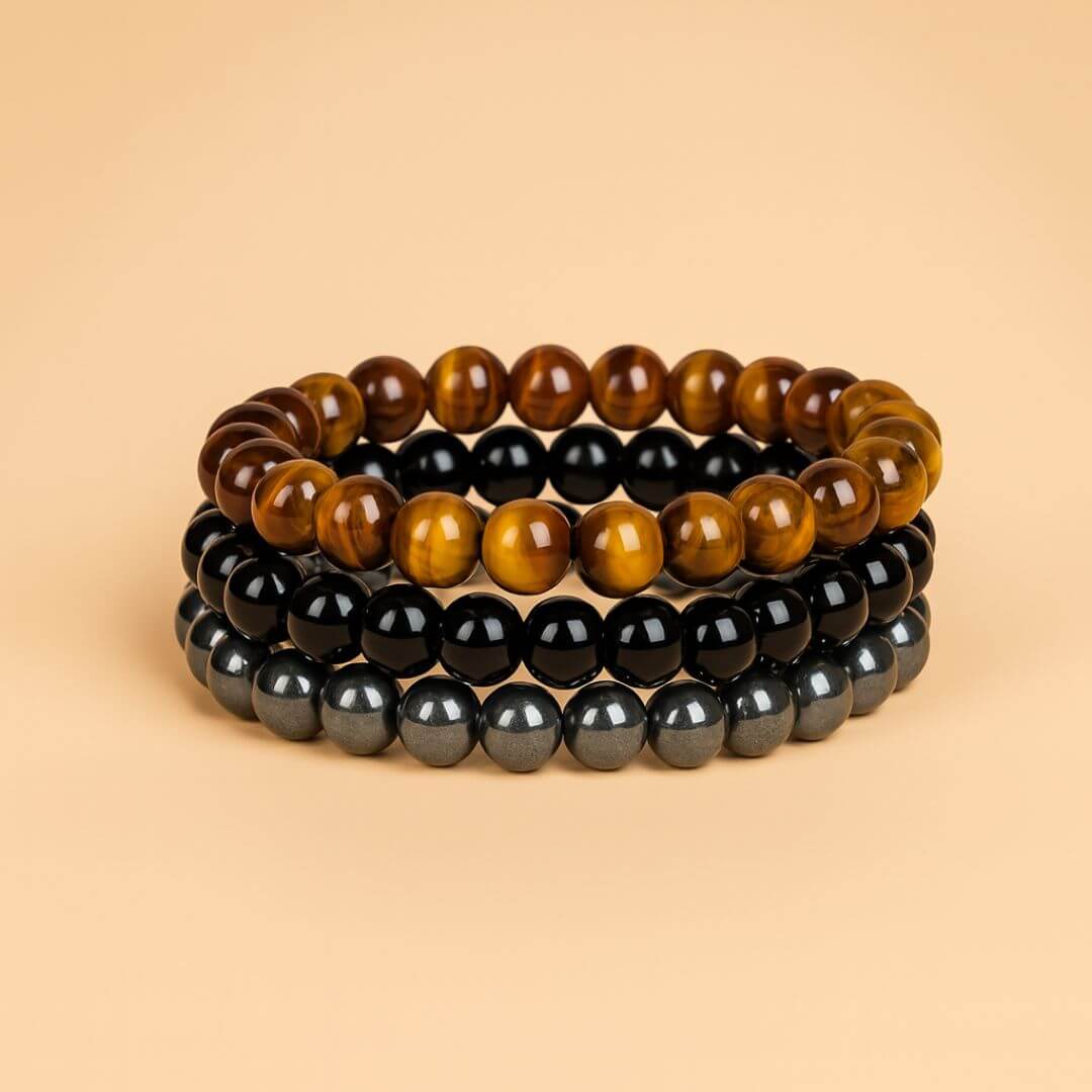 3 Pulseiras de Pedras Naturais Olho de Tigre, Onix e Hematita. Proporciona proteção, Aumenta Energia, Eleva a Segurança e Disciplina