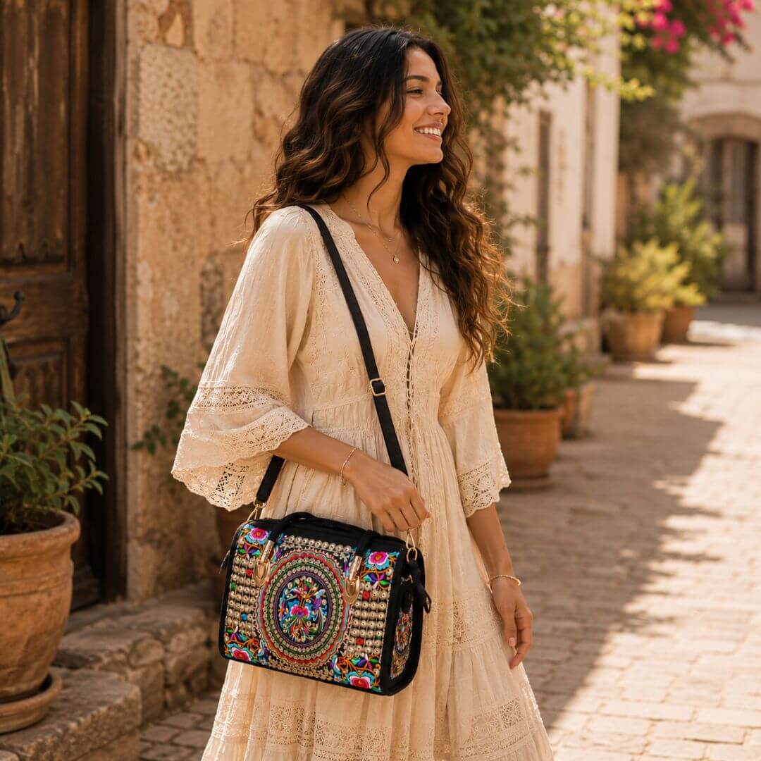 Bolsa Boho Chic Mandala Encantuz Bordada