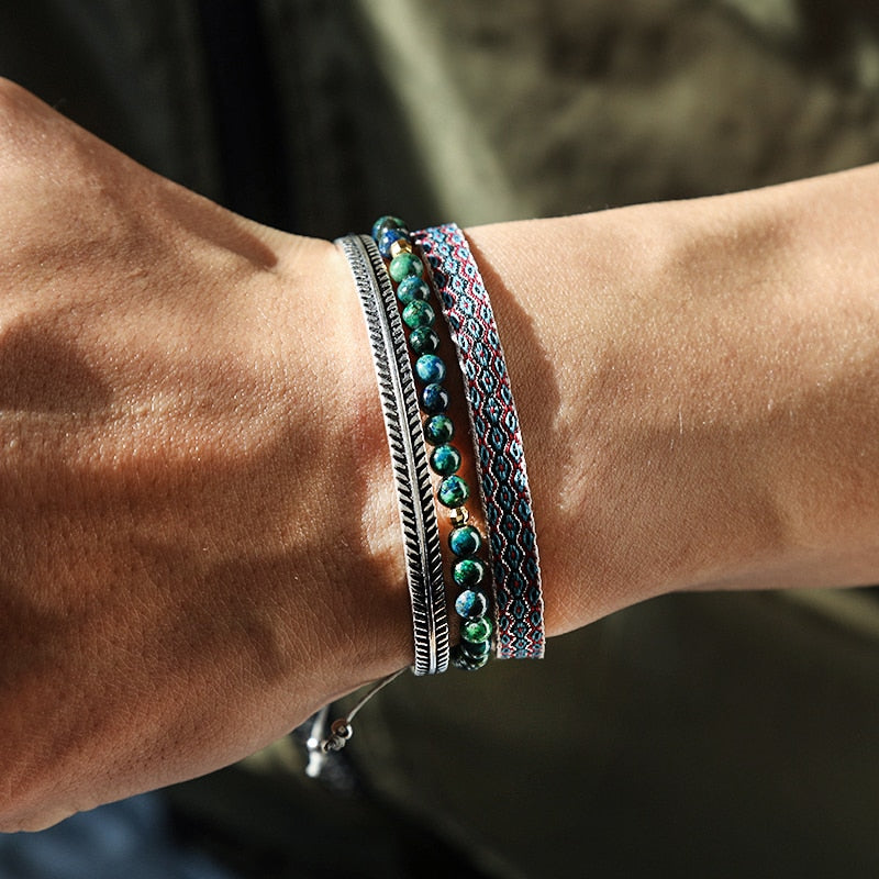 Conjunto de Pulseiras Budista + Bracelete em Prata Tibetana