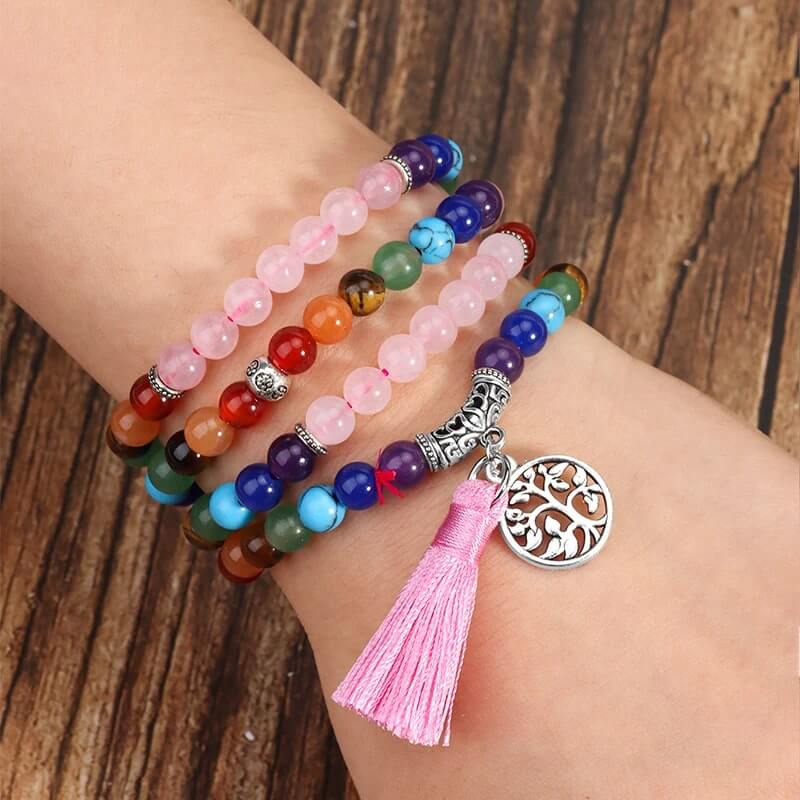 Japamala 108 Contas Quartzo Rosa e 7 Chakras