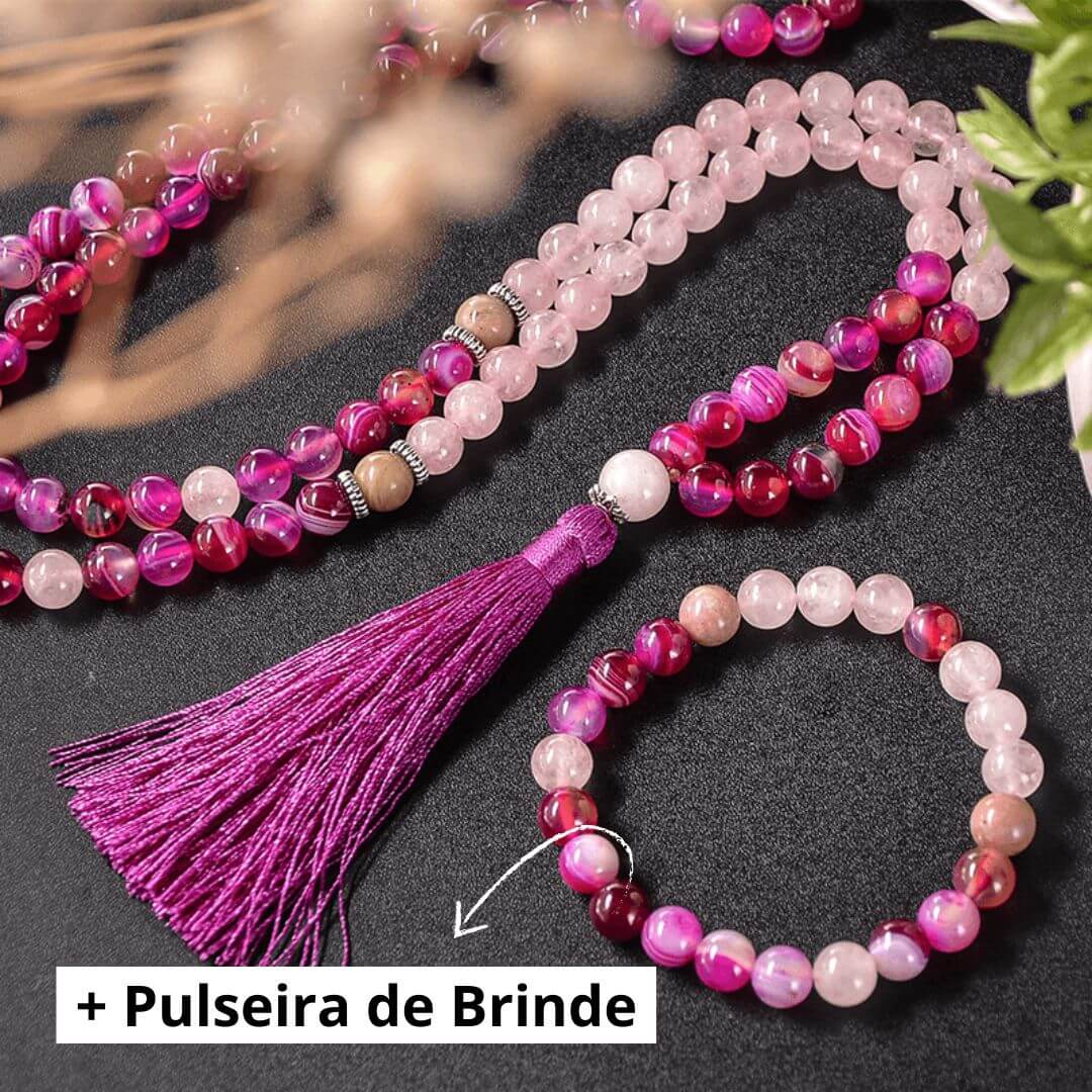 Japamala de 108 Contas de Ágata Rosa, Quatzo Rosa e Rodcrosita+ Pulseira de Brinde