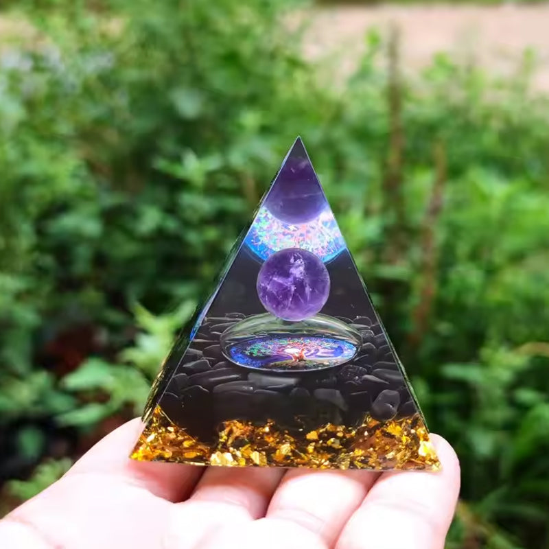 Pirâmide Orgonite Ametista e Obsidiana – Equilíbrio e Proteção