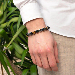 Pulseira Tríplice Guardiã, Obsidiana, Olho de Tigre, Hematita, Pedras Naturais, Proteção Energética, Clareza Mental, Equilíbrio Emocional, Energia Positiva, Litoterapia, Acessório de Proteção, Magia Negra, Estabilidade Mental, Fortalecimento, Vitalidade, Jóia de Energia, Terapia com Pedras, Pulseira Ajustável, Amuleto de Proteção, Energia Natural.