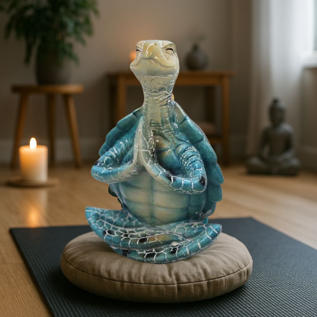 Estátua de tartaruga em posição de meditação, escultura zen, acabamento detalhado, decoração espiritual