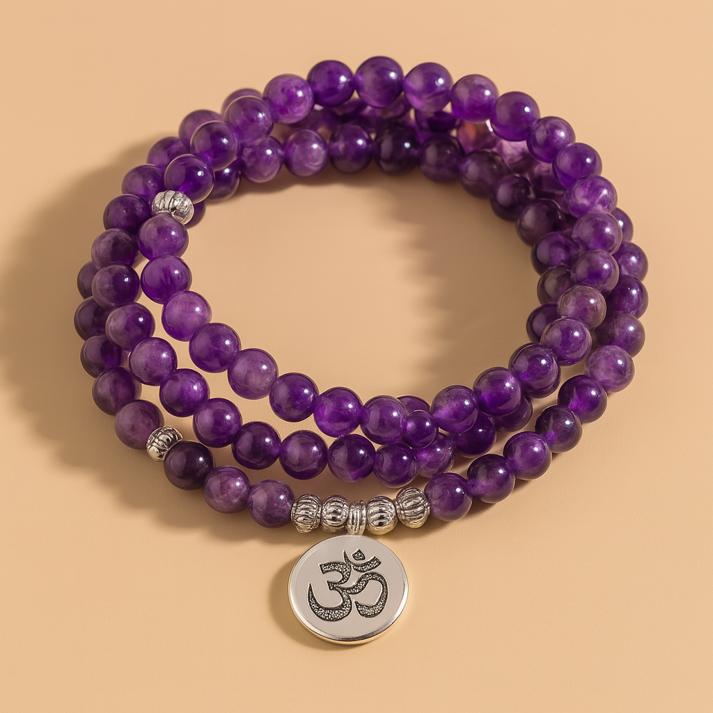 Japamala Pulseira de 108 Contas da Pedra Natural Ametista. Promove proteção, vitalidade e elevação espiritual