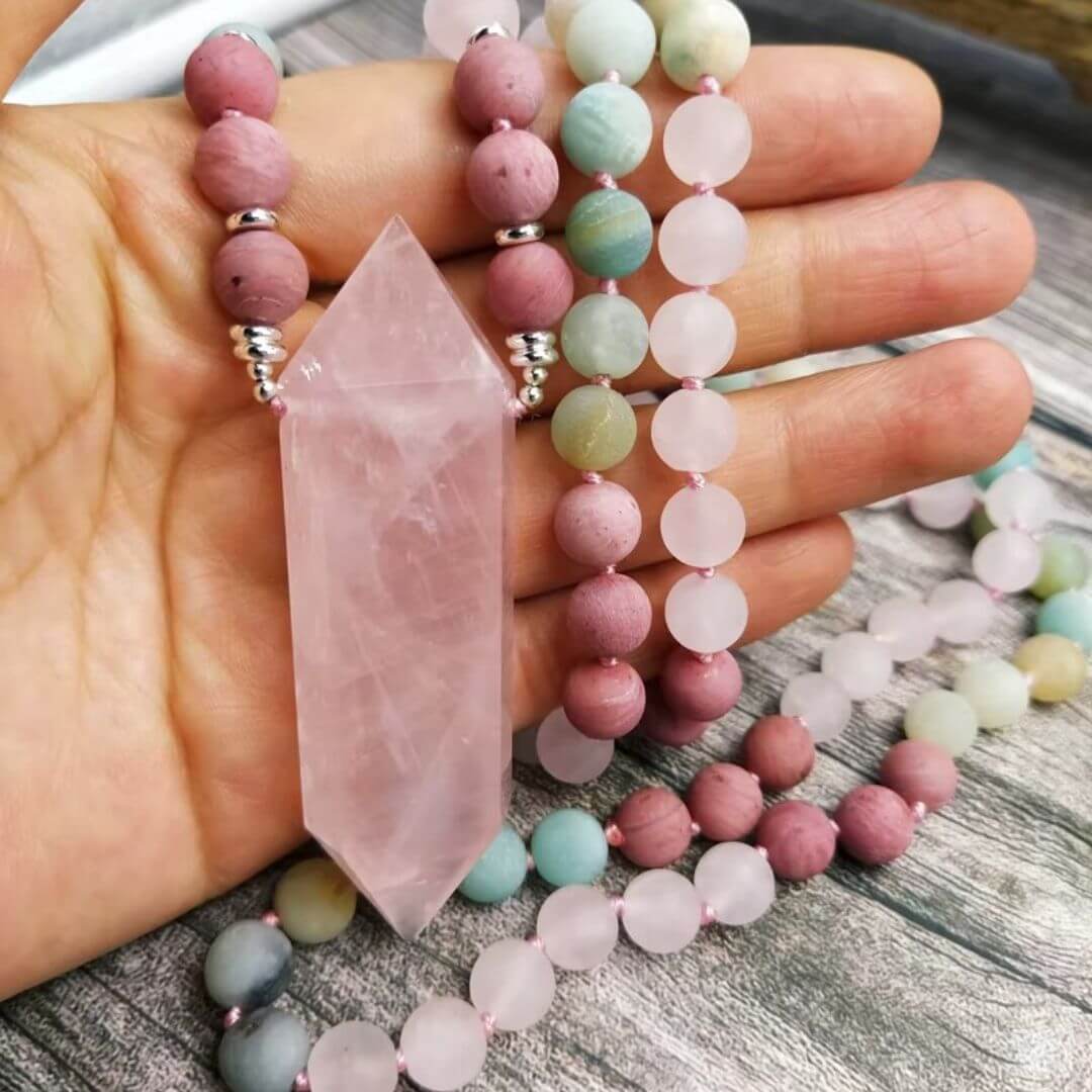 Japamala Quartzo Rosa e Amazonita 108 Contas - Amor e Equilíbrio
