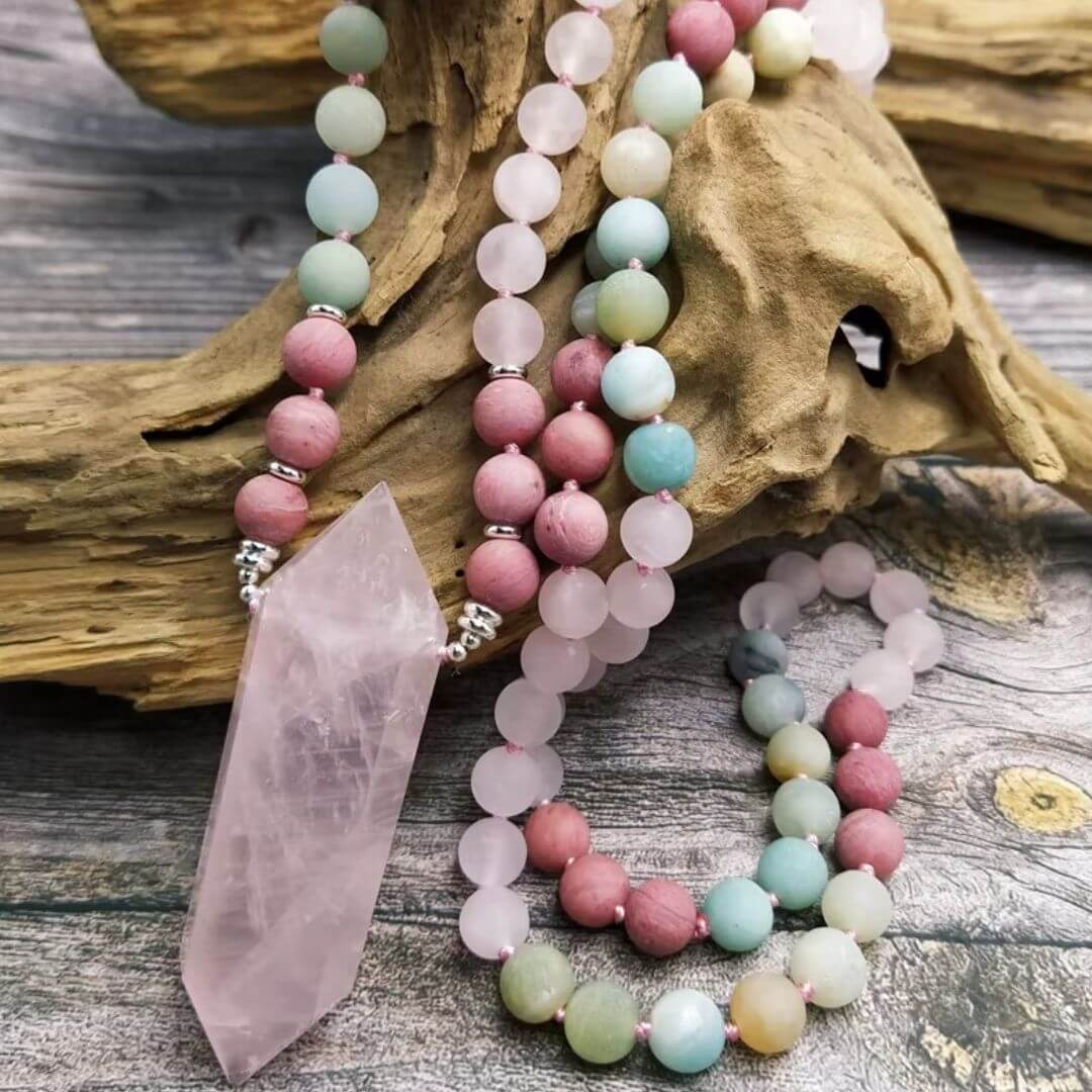 Japamala Quartzo Rosa e Amazonita 108 Contas - Amor e Equilíbrio