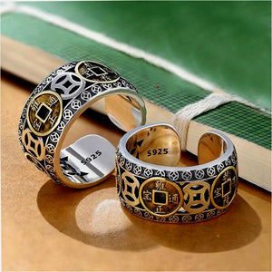 Anel da Riqueza e Prosperidade Feng Shui ajustável, banhado em prata 925, ideal para atrair prosperidade financeira e sucesso nos negócios