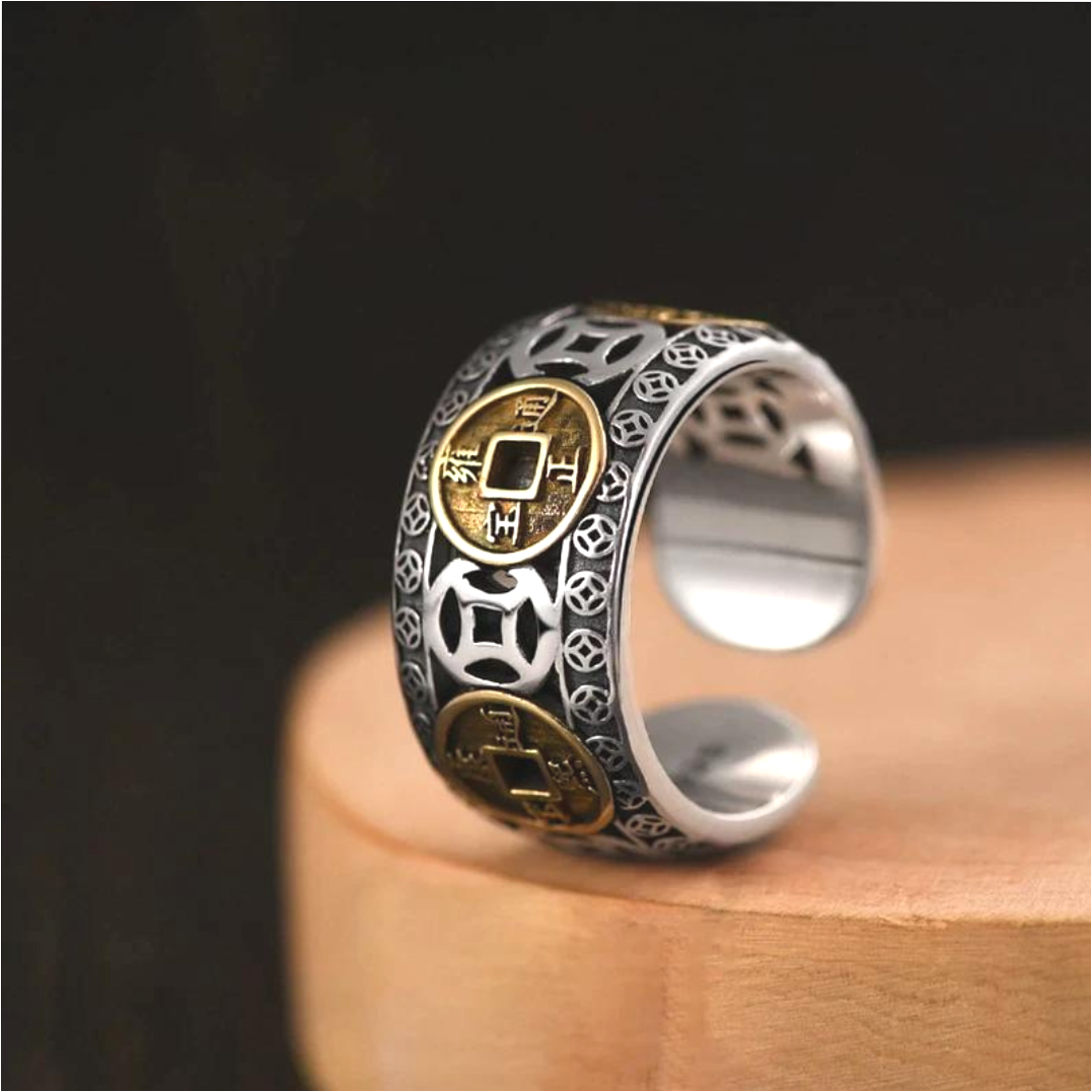 Anel da Riqueza e Prosperidade Feng Shui ajustável, banhado em prata 925, ideal para atrair prosperidade financeira e sucesso nos negócios