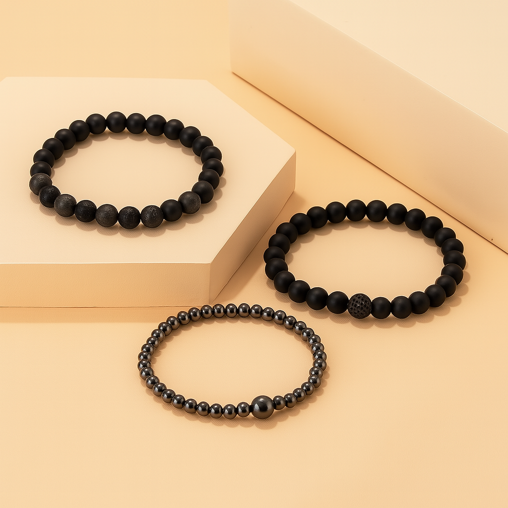 3 Pulseiras de Pedras Naturais Hematita, Onix Fosca e Pedra Vulcânica