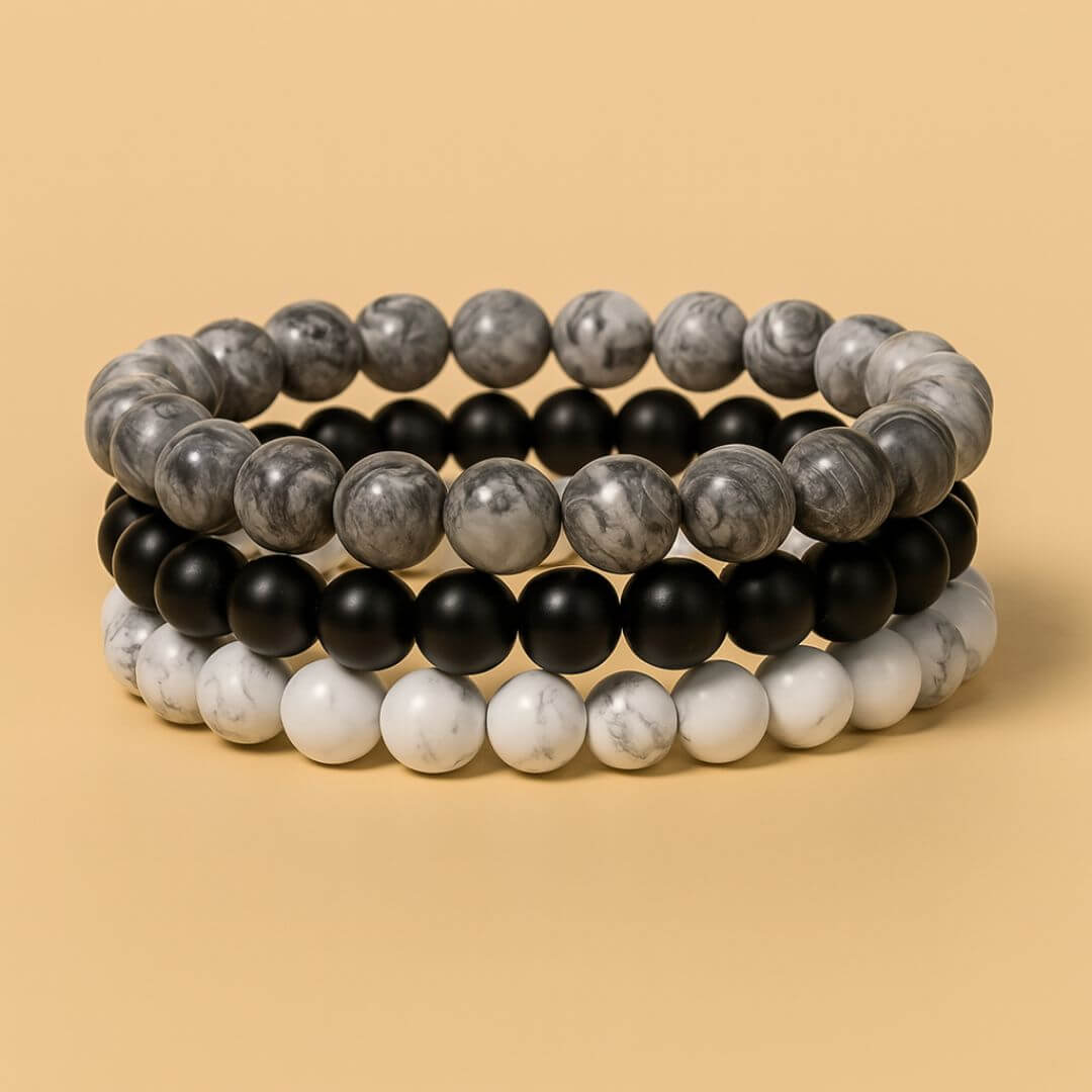 3 Pulseiras de Pedras Naturais Howlita, Onix e Ágata Branca. Eleva a Consciência, Estimula a Felicidade e o Otimismo