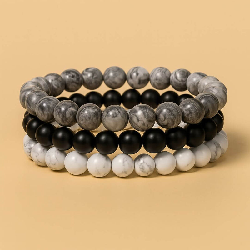 3 Pulseiras de Pedras Naturais Howlita, Onix e Jaspe Cinza. Protege Contra Inveja, o Mau Olhado Afasta os Pensamentos Negativos e Ajuda no Foco