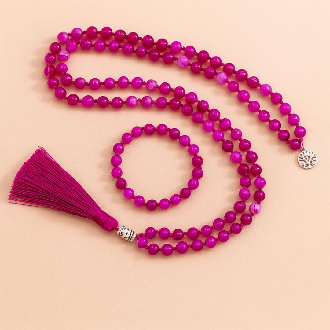 Japamala de 108 Contas + Pulseira da Pedra Natural Ágata Rosa. Neutraliza os Pensamentos Negativos Harmonizando o Corpo e a Mente