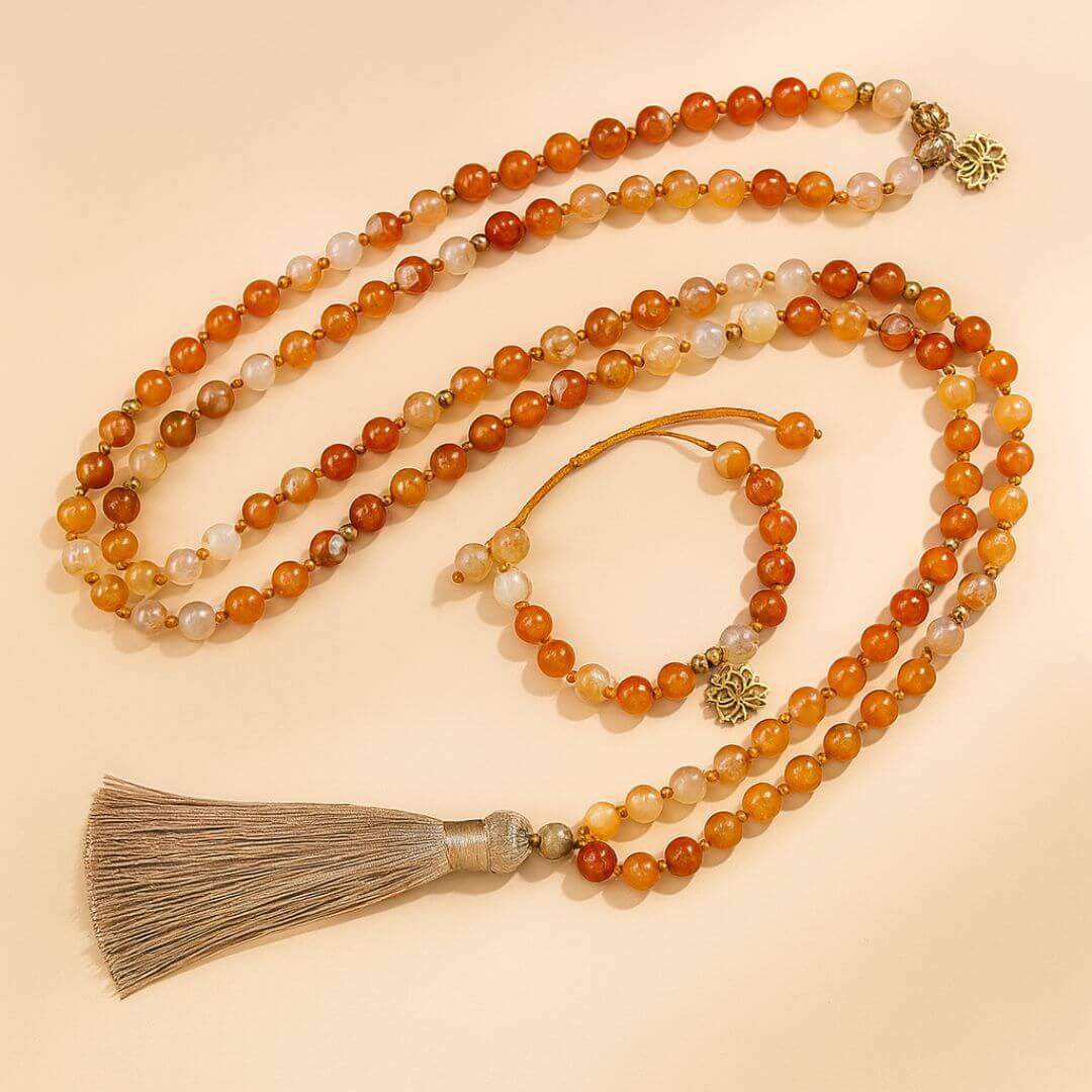 Japamala de 108 Contas + Pulseira da Pedra Natural Ágata Fogo. Desfaz Bloqueios Energéticos e Eleva a Autoconfiança