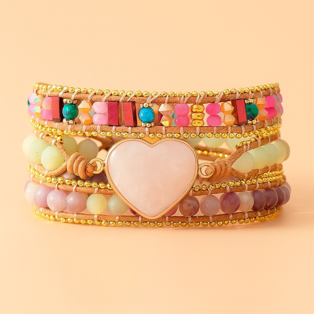 Bracelete Coração de Quartzo Rosa - Atrai Amor e Paz