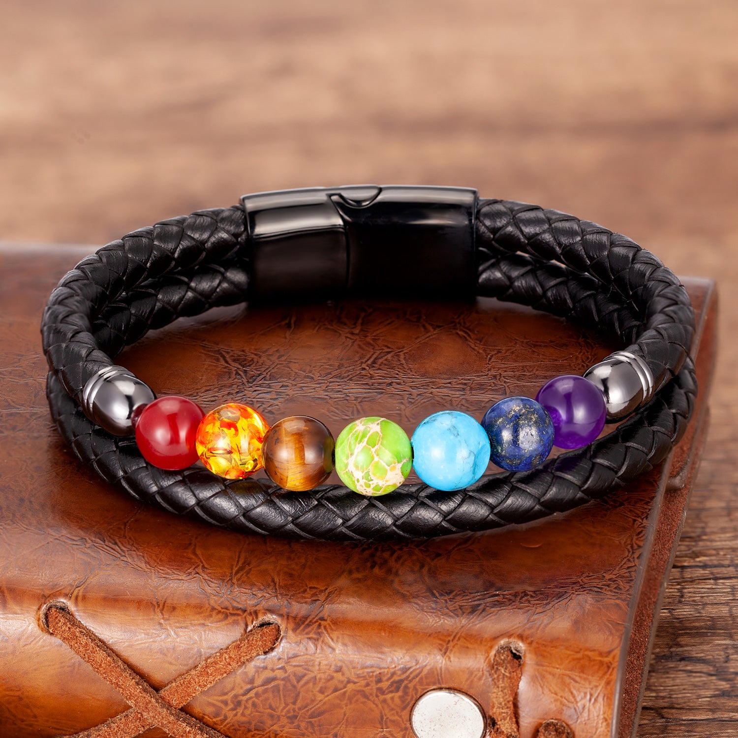 Pulseira Masculina de Couro Equilíbrio dos 7 Chakras