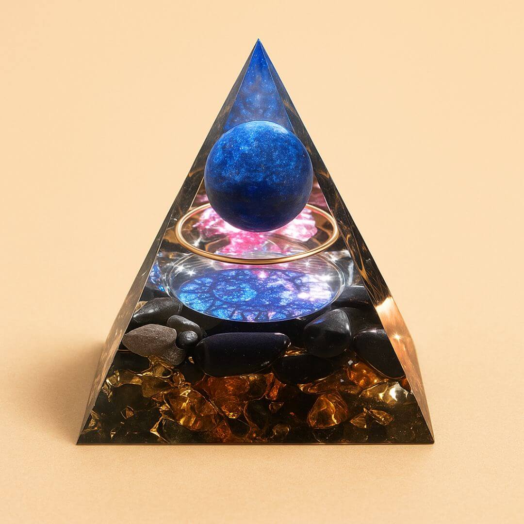 Pirâmide Orgonite De Lápis Lazúli E Obsidiana Negra Mandala Azul