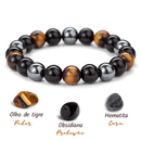 Pulseira Tríplice Guardiã, Obsidiana, Olho de Tigre, Hematita, Pedras Naturais, Proteção Energética, Clareza Mental, Equilíbrio Emocional, Energia Positiva, Litoterapia, Acessório de Proteção, Magia Negra, Estabilidade Mental, Fortalecimento, Vitalidade, Jóia de Energia, Terapia com Pedras, Pulseira Ajustável, Amuleto de Proteção, Energia Natural.