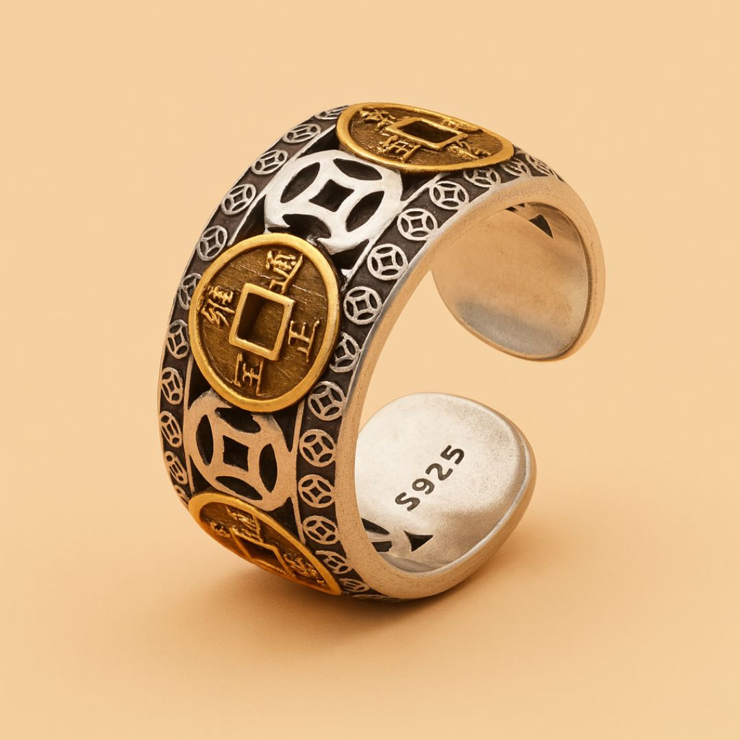 Anel da Riqueza ajustável usado no dedo médio para atrair dinheiro e prosperidade, design elegante e confortável