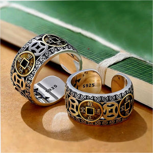 Anel da Riqueza e Prosperidade Feng Shui ajustável, banhado em prata 925, ideal para atrair prosperidade financeira e sucesso nos negócios