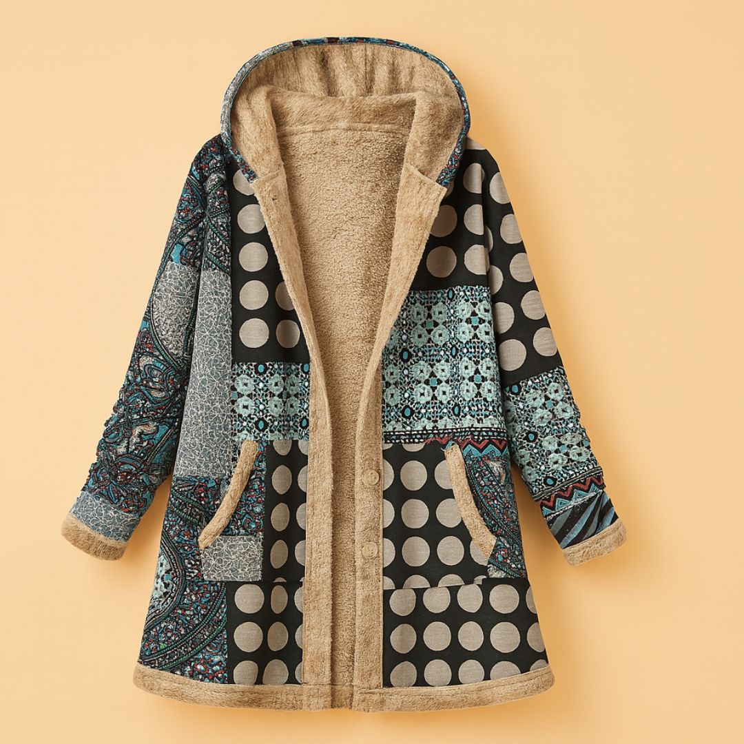 Casaco feminino estilo boho vintage com acabamento artesanal, perfeito para looks de inverno elegantes e aconchegantes