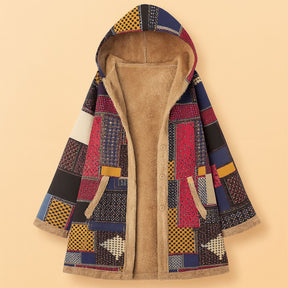 Casaco feminino de inverno boho com capuz, patchwork vintage e forro térmico, ideal para dias frios com estilo