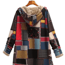 Casaco feminino de inverno boho com capuz, patchwork vintage e forro térmico, ideal para dias frios com estilo
