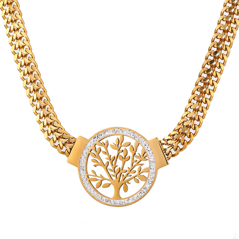 Colar feminino banhado a ouro com detalhe da árvore no centro, joia simbólica e sofisticada