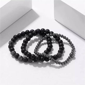 3 Pulseiras de Pedras Naturais Hematita, Onix Fosca e Pedra Vulcânica
