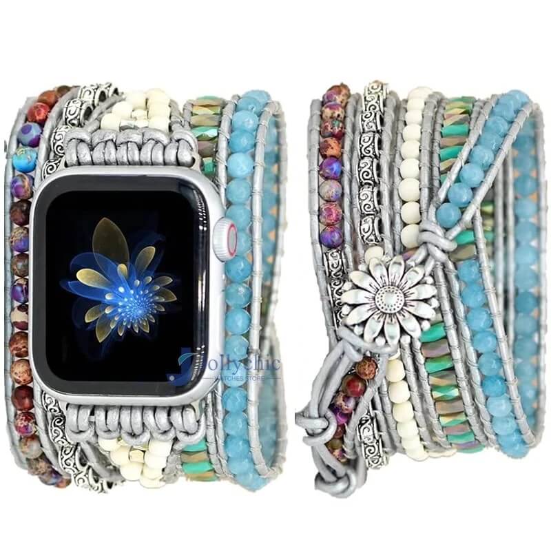 Bracelete Para AppleWatch/ SmartWatch das Pedras Naturais Aqua Marine, Jaspe Imperial e Jade Branca