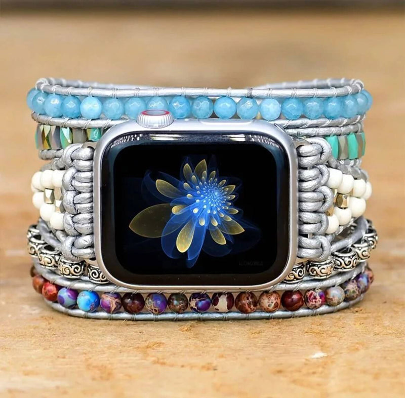 Bracelete Para AppleWatch/ SmartWatch das Pedras Naturais Aqua Marine, Jaspe Imperial e Jade Branca