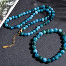 Conjunto de joias, Colar e pulseira, Apatita natural, Equilíbrio energético, Purificação mental, Pedra preciosa, Energia positiva, Clareza mental, Chakras alinhados, Comunicação espiritual, Equilíbrio interior, Acessórios de cura, Pedra lapidada, Harmonia energética, Joias de alta qualidade, Beleza natural, Apatita lapidada, Transformação interior, Jóias espirituais, Estilo sofisticado.