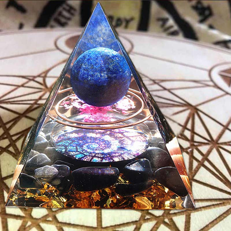 Pirâmide Orgonite De Lápis Lazúli E Obsidiana Negra Mandala Azul