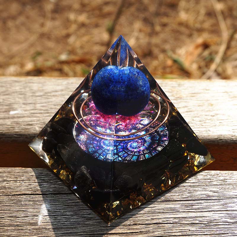 Pirâmide Orgonite De Lápis Lazúli E Obsidiana Negra Mandala Azul